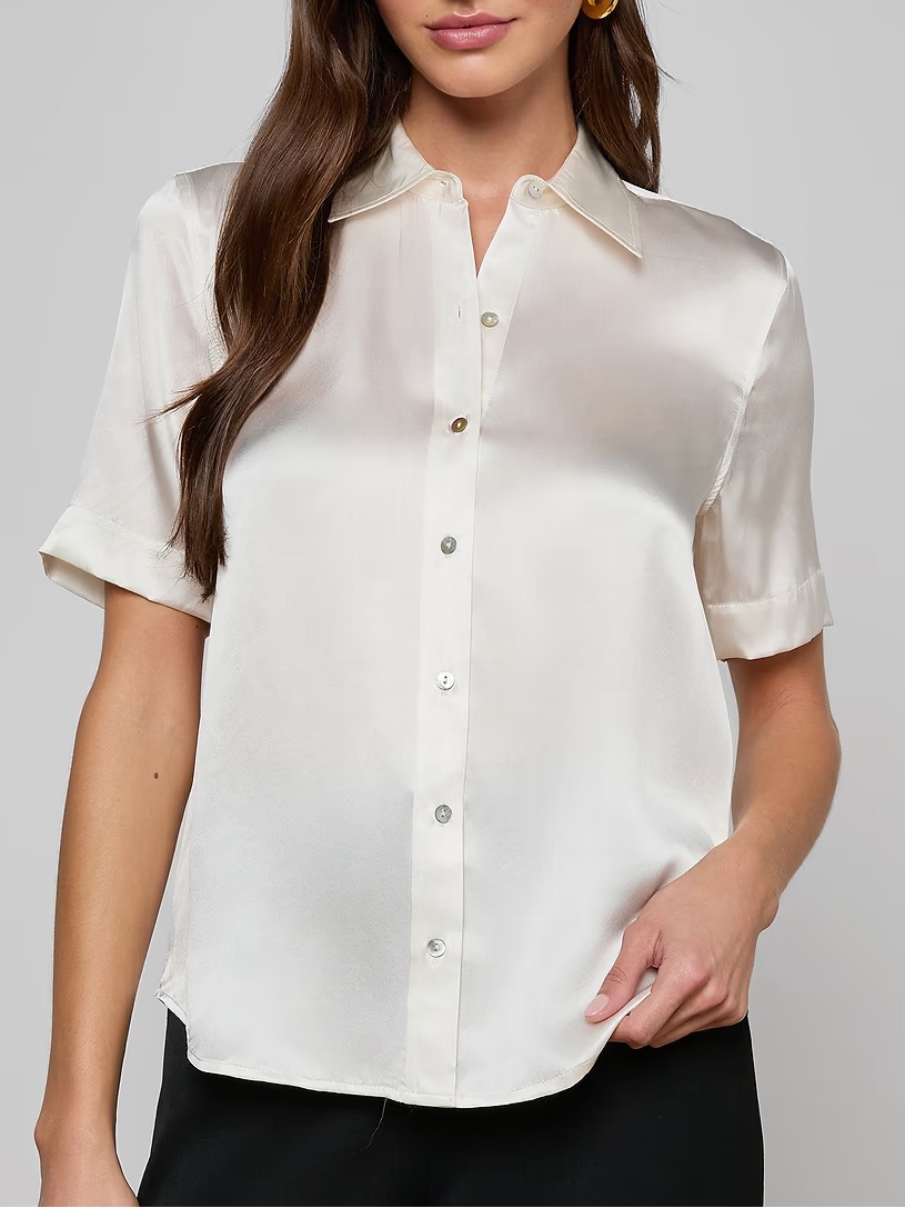 Nwt L’agence Ellah Silk Satin Short Sleeve Button Down Up Shirt Top Ivory White